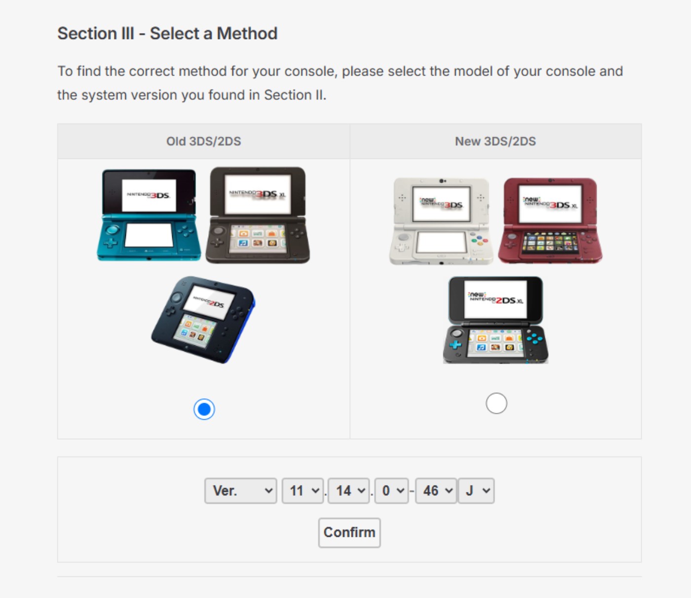 Get StartedでOld 3DSと11.14.0-46Jを選択した画面