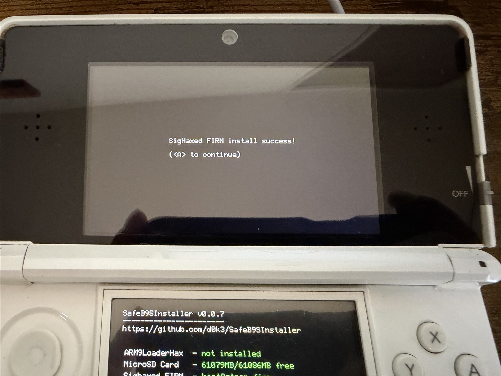 SafeB9SInstallerのインストール成功表示