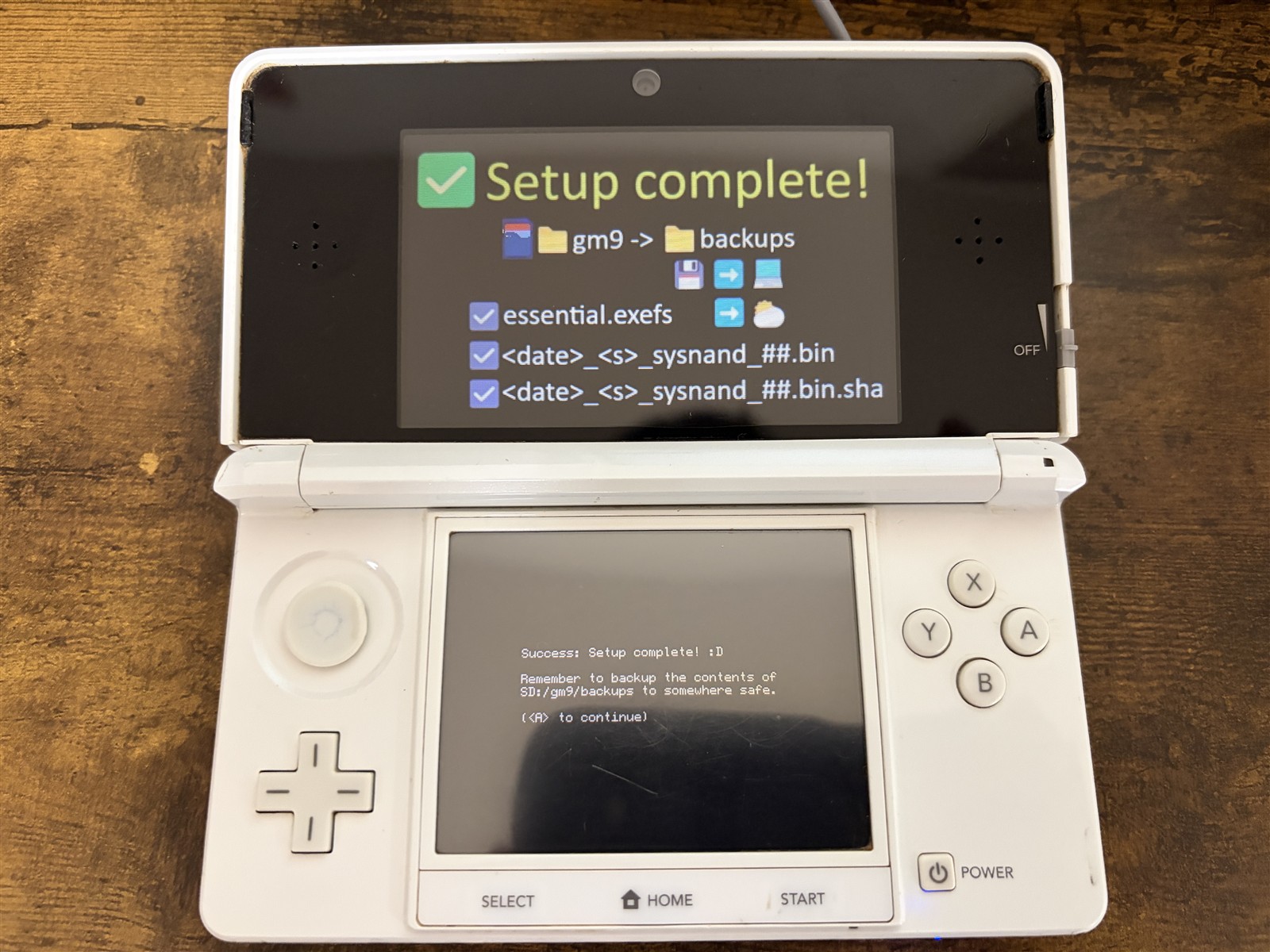 GodMode9のSetup complete表示とバックアップの保存案内