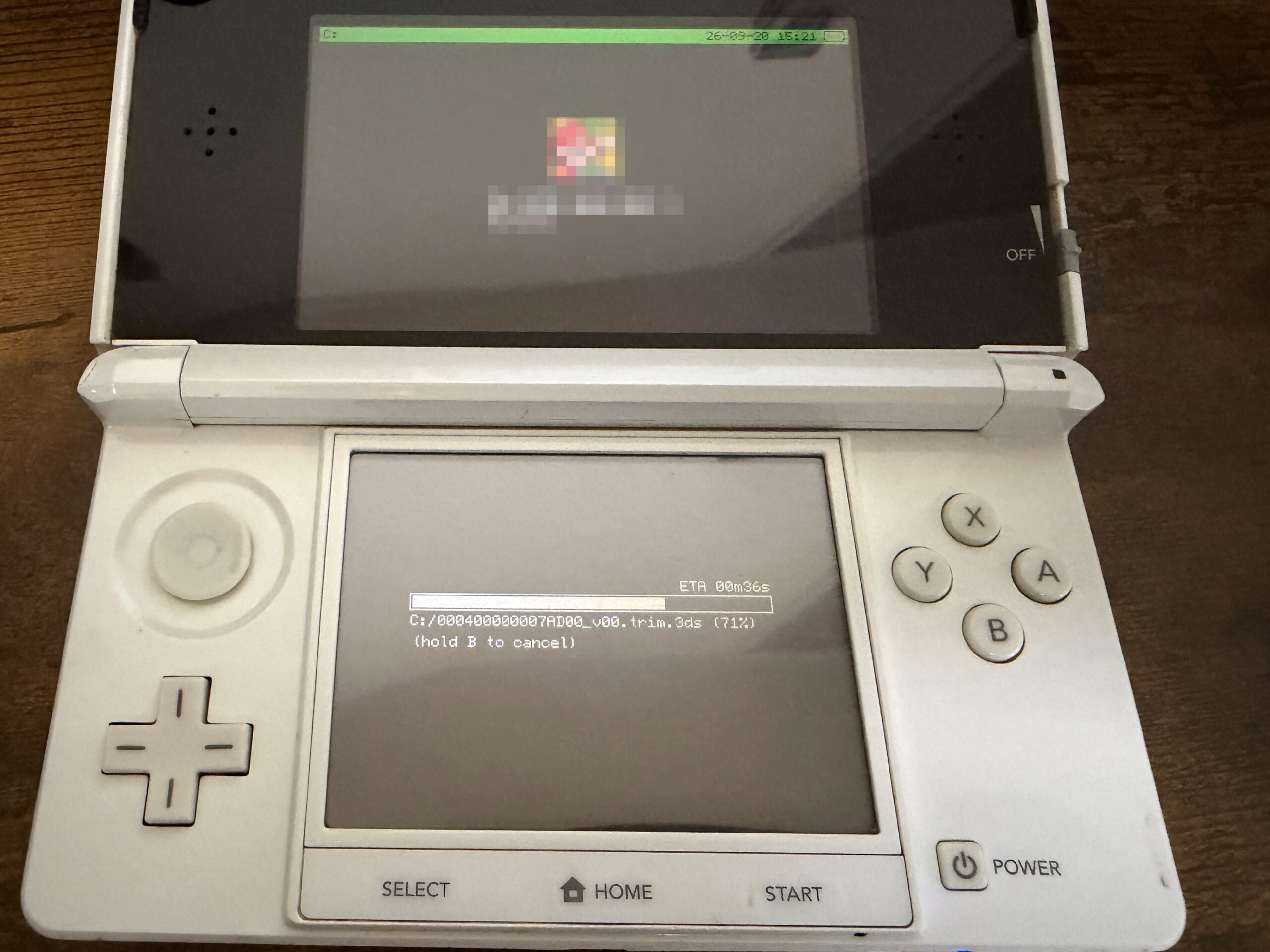 GodMode9でゲームカードのROMをコピーしている途中の画面(タイトルはモザイク)