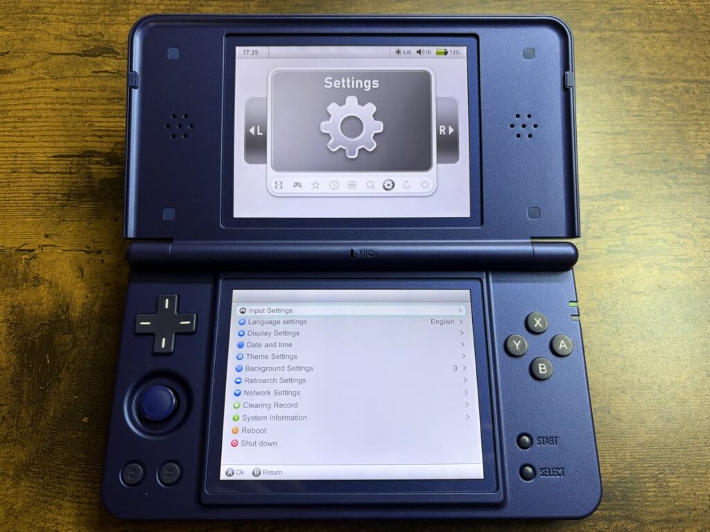 RG DS Plusのメニュー画面「Settings」と下画面の設定一覧