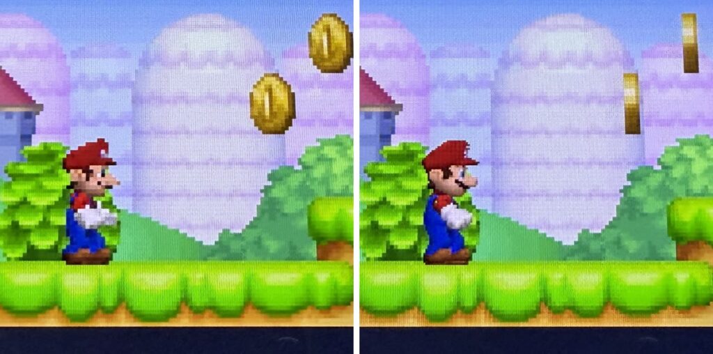 NewスーパーマリオブラザーズのマリオをNNDDSSの等倍（左）と2倍（右）で拡大比較